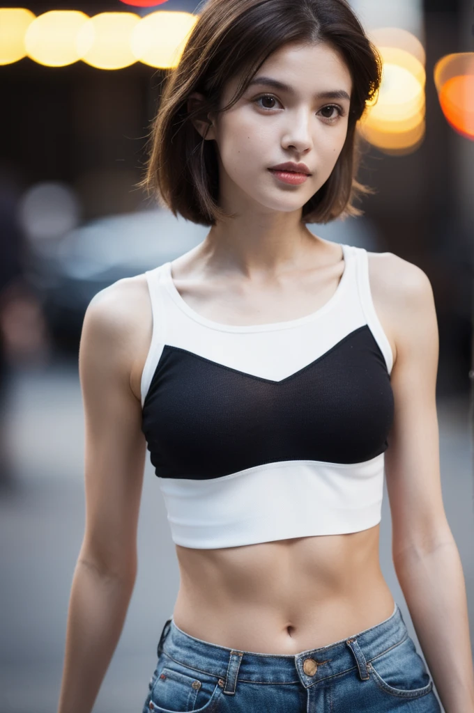 ((Realistic lighting, Highest quality, 8k, masterpiece: 1.3)), Clear focus: 1.2, One girl, Perfect figure: 1.4, Slim Abs: 1.1, ((Dark brown hair)), (White Crop Top: 1.4), (Outdoor, night: 1.1), street, Super detailed face, Beautiful Eyes, double eyelid,