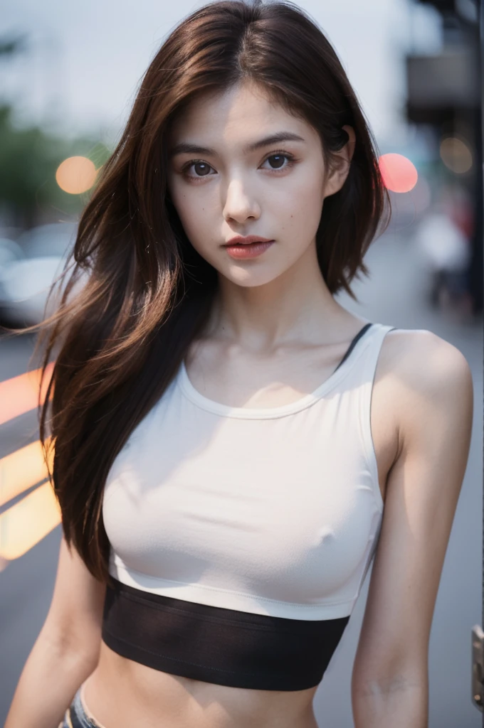 ((Realistic lighting, Highest quality, 8k, masterpiece: 1.3)), Clear focus: 1.2, One girl, Perfect figure: 1.4, Slim Abs: 1.1, ((Dark brown hair)), (White Crop Top: 1.4), (Outdoor, night: 1.1), street, Super detailed face, Beautiful Eyes, double eyelid,