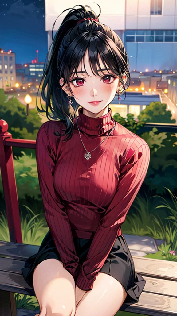 (masterpiece:1.3, Highest quality, Ultra-high resolution, Super detailed), (Realistic, photoRealistic:1.4), Beautiful illustrations, Perfect lighting, colorful, Depth of written boundary, 
Beautiful detailed hair, Beautifully detailed face, Beautiful fine details, Beautiful clavicle, Beautiful body, 美しいLarge Breasts, Beautiful thighs, Beautiful feet, Beautiful fingers, 
View Viewer、Front view:0.6, Beauty1人, Japanese, Beauty、30 years old, Perfect Face, (Perfect Anatomy, Anatomically correct), Cute and symmetrical face, Baby Face, , Shiny skin, 
((burgundy turtleneck sweater:1.4)),((Long skirt 1.5))
(Black Hair, ponytail:1.4),  braided bangs、Dark brown eyes, (Large Breasts), Slim body, 
necklace, (Small earrings:1.3), 
(Beautiful views), (night), (city, cityscape in the distance), Sitting on a bench, A soft smile、(Smile, Lips parted), 