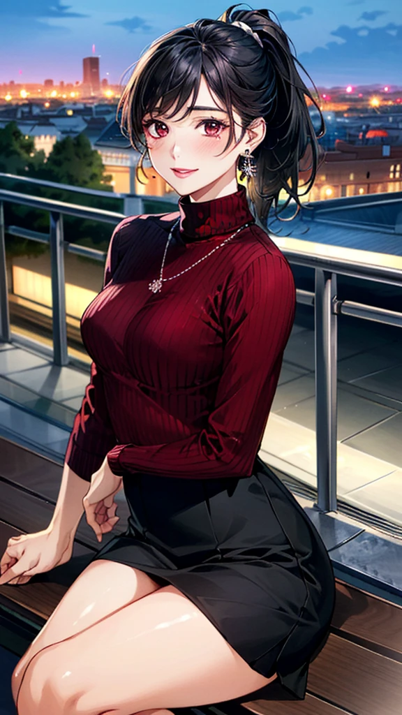 (masterpiece:1.3, Highest quality, Ultra-high resolution, Super detailed), (Realistic, photoRealistic:1.4), Beautiful illustrations, Perfect lighting, colorful, Depth of written boundary, 
Beautiful detailed hair, Beautifully detailed face, Beautiful fine details, Beautiful clavicle, Beautiful body, 美しいLarge Breasts, Beautiful thighs, Beautiful feet, Beautiful fingers, 
View Viewer、Front view:0.6, Beauty1人, Japanese, Beauty、30 years old, Perfect Face, (Perfect Anatomy, Anatomically correct), Cute and symmetrical face, Baby Face, , Shiny skin, 
((burgundy turtleneck sweater:1.4)),((Long skirt 1.5))
(Black Hair, ponytail:1.4),  braided bangs、Dark brown eyes, (Large Breasts), Slim body, 
necklace, (Small earrings:1.3), 
(Beautiful views), (night), (city, cityscape in the distance), Sitting on a bench, A soft smile、(Smile, Lips parted), 