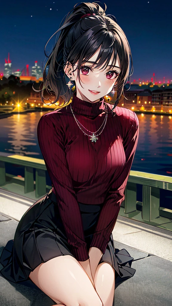 (masterpiece:1.3, Highest quality, Ultra-high resolution, Super detailed), (Realistic, photoRealistic:1.4), Beautiful illustrations, Perfect lighting, colorful, Depth of written boundary,
Beautiful detailed hair, Beautifully detailed face, Beautiful fine details, Beautiful clavicle, Beautiful body, 美しいLarge Breasts, Beautiful thighs, Beautiful feet, Beautiful fingers,
View Viewer、Front view:0.6, Beauty1人, Japanese, Beauty、30 years old, Perfect Face, (Perfect Anatomy, Anatomically correct), Cute and symmetrical face, Baby Face, , Shiny skin,
((burgundy turtleneck sweater:1.4)),((Long skirt 1.5))
(Black Hair, ponytail:1.4), braided bangs、Dark brown eyes, (Large Breasts), Slim body,
necklace, (Small earrings:1.3),
(Beautiful views), (night), (city, cityscape in the distance), Sitting on a bench, A soft smile、(Smile, Lips parted),