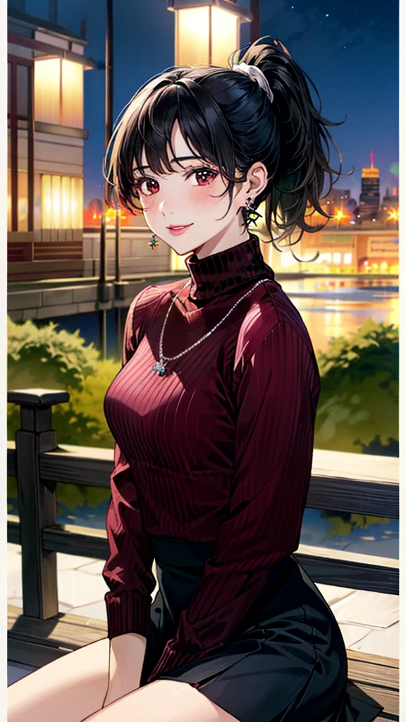 (masterpiece:1.3, Highest quality, Ultra-high resolution, Super detailed), (Realistic, photoRealistic:1.4), Beautiful illustrations, Perfect lighting, colorful, Depth of written boundary,
Beautiful detailed hair, Beautifully detailed face, Beautiful fine details, Beautiful clavicle, Beautiful body, 美しいLarge Breasts, Beautiful thighs, Beautiful feet, Beautiful fingers,
View Viewer、Front view:0.6, Beauty1人, Japanese, Beauty、30 years old, Perfect Face, (Perfect Anatomy, Anatomically correct), Cute and symmetrical face, Baby Face, , Shiny skin,
((burgundy turtleneck sweater:1.4)),((Long skirt 1.5))
(Black Hair, ponytail:1.4), braided bangs、Dark brown eyes, (Large Breasts), Slim body,
necklace, (Small earrings:1.3),
(Beautiful views), (night), (city, cityscape in the distance), Sitting on a bench, A soft smile、(Smile, Lips parted),