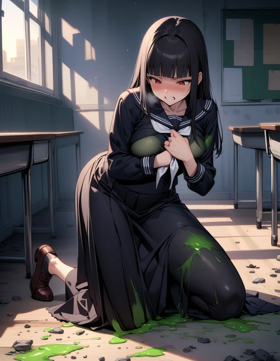 (masterpiece,best quality,very aesthetic),(ultra-detailed),nsfw,(atlach-nacha,degenerate),1girl,20yo,Statuesque,curvy,tall,long hair, black hair,straight hair,(blunt bangs),beautiful red eyes,clenching teeth,sentimental,rage,Abdominal injury,look down on with disdain,black serafuku in winter,long sleeves,(long skirt),white ribbon tie,torn clothes,(Green blood coming from side,Green blood coming from shoulder),painful,heavy breathing,holding own chest with right arm,classroom,standing,on one knee,leaning forward,dusk sky,leather shoes,The setting sun is shining in the classroom,debris,solo,looking down,cowboy shot