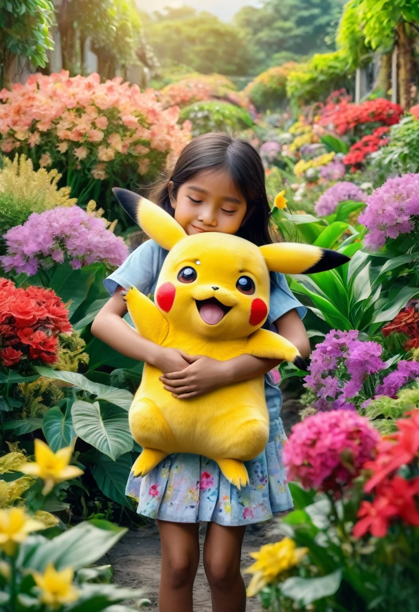 A 7--old onesian girl is hugging Pikachu in a vast flower garden. Realistic. HD.