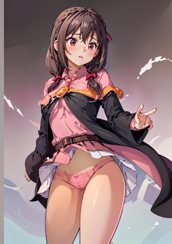 (masterpiece, Highest quality), One girl,    Yunyun,Long Hair,Braiding,Twin tails,Hair between the eyes,Hair Ribbon,hair ornaments,Large Breasts,(Cape:1.2),tie,shirt,pink shirt,Long sleeve,belt,Pink Skirt,pantyhose,loafers,Brown footwear, ((Showing panties:1.3))