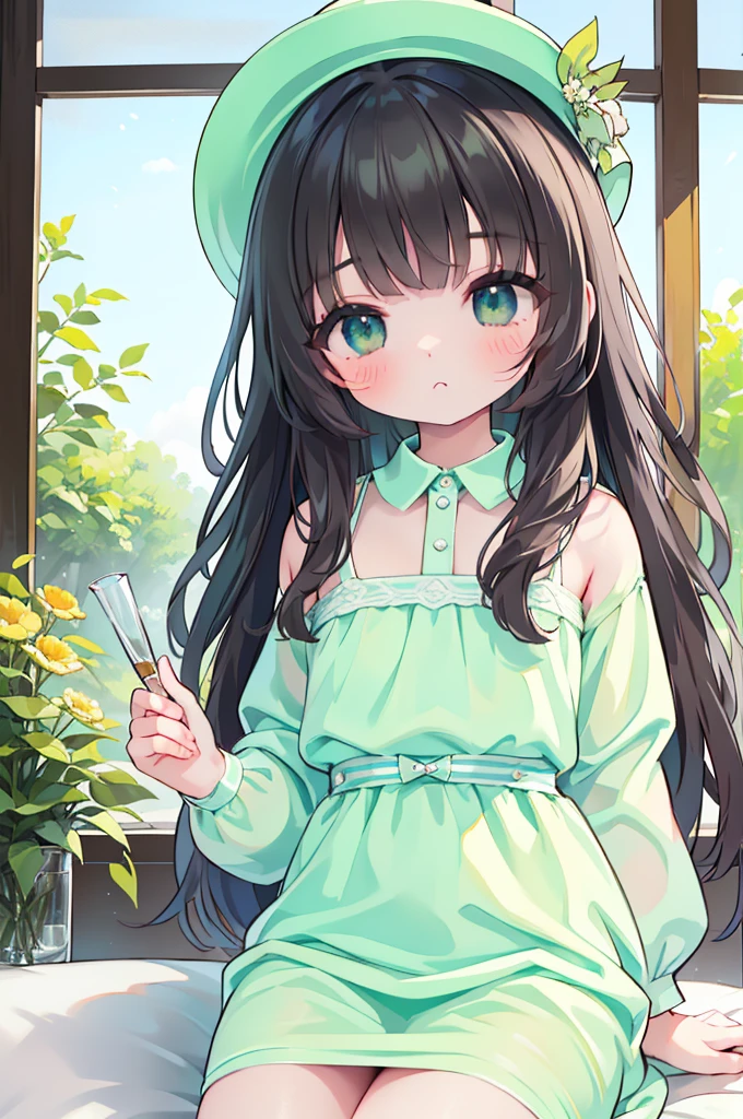 black long hair, blunt bangs,,(ultra-detailed eyes, beautiful and detailed face, detailed eyes: 0.9), ,((full shot)), , longeyelashes, beautiful hair, beautiful face, beautiful detailed eyes, (((cintura ultra detallada)))), Ultra-detailed photography with great depth of field, solo,(lovely ,), (beautiful scenery),young,small breasts,light, (masterpiece:1.2),1womanl,Black hair,, 、((Detailed、top-quality、8K、​masterpiece:1.3))、1girl in、(((((Expressionless))))),cute face、、(Casual Hairstyles、Small breasts:1.2)、Super Detailed Face、detailedeyes、 (best quality), (ultra-detailed), (llustration), (detailed light), (an extremely delicate and beautiful), 1young girl, long hair, brown eyes,, , , Sublime, Ethereal, fantastic,(((Blushing,))),full body,shy,white skirt Light Green hemline,Light Green bow on the chest,wearing a straw hat on the side, one hand raises up to sky,dynamic angles, sunshine,day, (Light Green flowers:1.35),(Ochna:1.25),(A splash of colored paint1.15),Movie poster,Holding a parfait in hand,The parfait glass is tall and elegant, filled with layers of fresh melon pieces, melon sauce pudding parfait in a beautiful clear glass with golden decorations, 、The background features a cozy café setting with soft lighting and comfortable furniture, creating a warm and inviting atmosphere. ,detail
