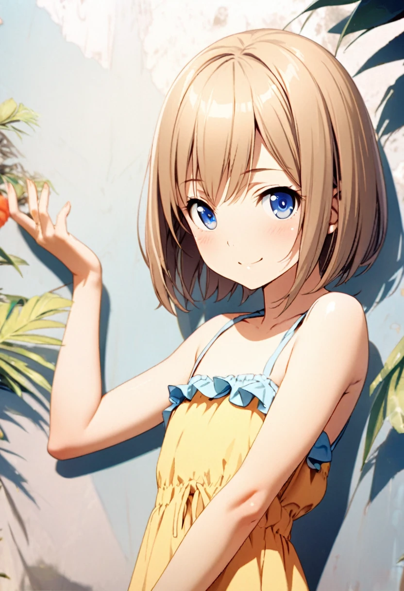 1 girl, 18yo, (flat chest: 1.5), blue eyes, light brown hair, bob cut, early summer outfit, smiling, posing, having fun, upper body, simple background, 8k, RAW photo, best quality, masterpiece, extremely detailed 8k wallpaper, ultra-detailed, best shadow, detailed background, beautiful detailed face, beautiful detailed eyes, nice hands, perfect hands
