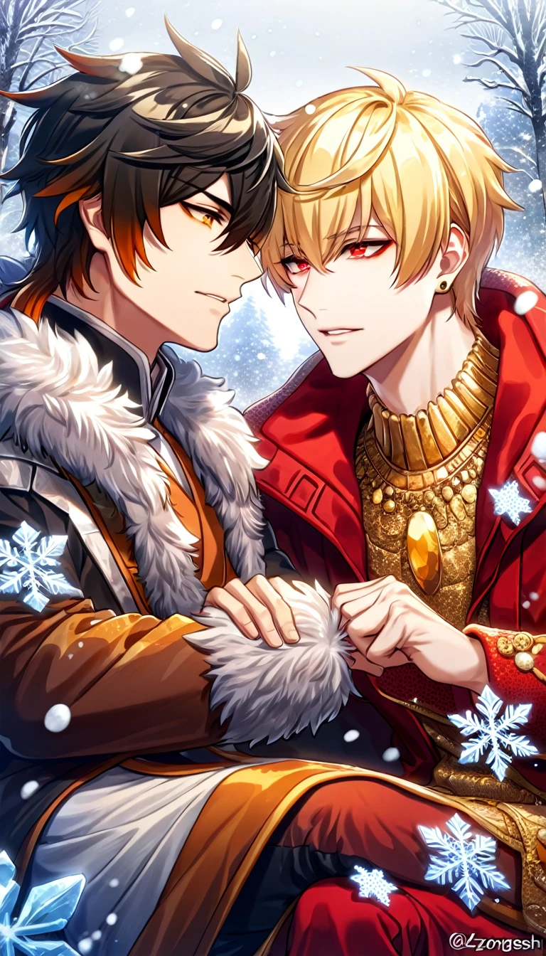 absurdres, highres, ultra detailed, HDR, master piece, best quality, extremely detailed face, delicated features, Gilgamesh, blond messy hair, expressive red eyes, fate grand order, Zhongli, black hair, expressive yellow eyes, two sexy men sitting together, gay couple, handsome, black coat with fur, red coat with fur, fantasy clothes, snow, snowflakes, snowing, ice butterflies