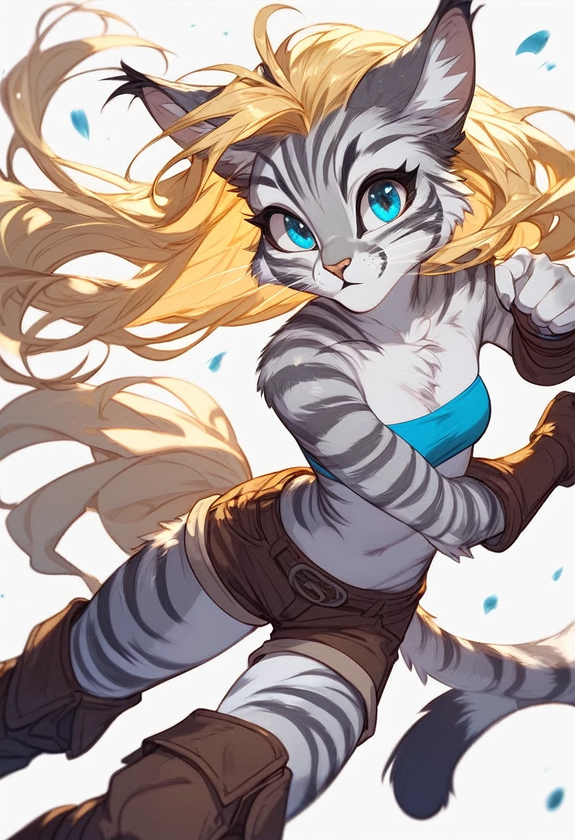 score_9, score_8_up, score_7_up Anthro furry feline, Kat, silver furry body, grey striped body, blonde hair, blue eyes, long blonde hair, neutral pose, white background, wearing blue bandeau, brown short shorts, brown boots,
