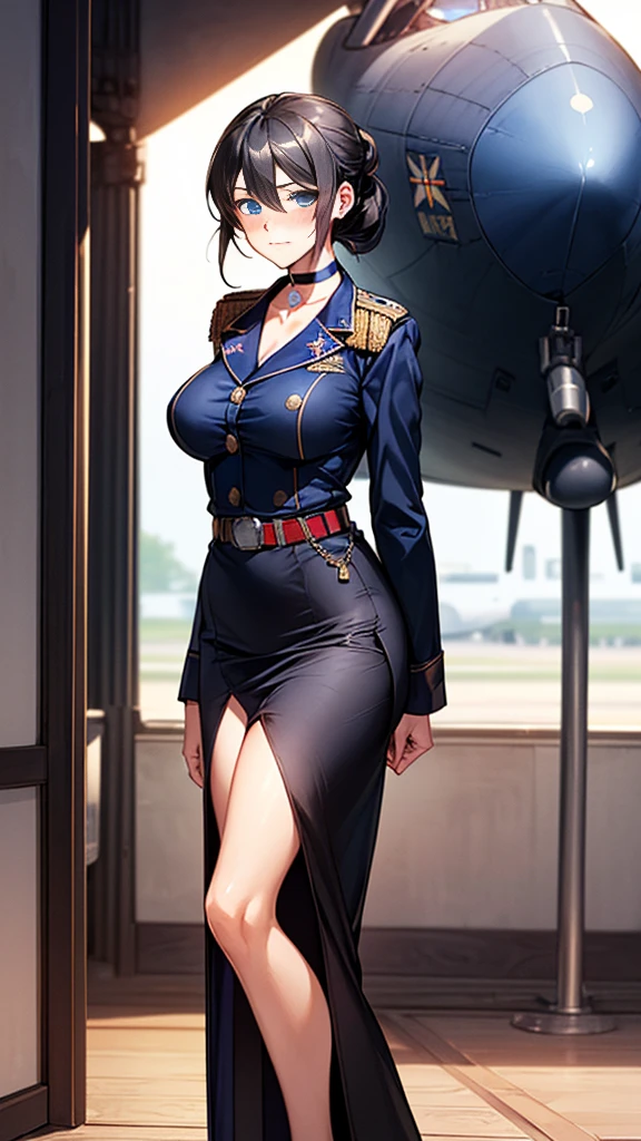 (masterpiece:1.2, highest quality), (realistic, photorealistic:1.4), beautiful illustrations,
looking at the viewer, whole body, Front view:0.6,
1 female, Japanese, ((black hair:1.5, chignon:1.4)), blown hair, bangs, hair between eyes, (big breasts, thin waist)
beautiful hair, beautiful face, beautiful and detailed eyes, (blue eyes:1.3), beautiful clavicle, beautiful body, beautiful breasts, beautiful thighs, beautiful feet, beautiful fingers,
(Deck of an aircraft carrier:1.4),
((Juncao, white military uniform:1.4, Class Chapters, belt, military uniform jacket, Long slit skirt, choker:1.6)), ((NFSW:1.6))
(Are standing, put your hand on your chest, hand between legs):1.4,
(glare at the viewer while blushing:1.3)