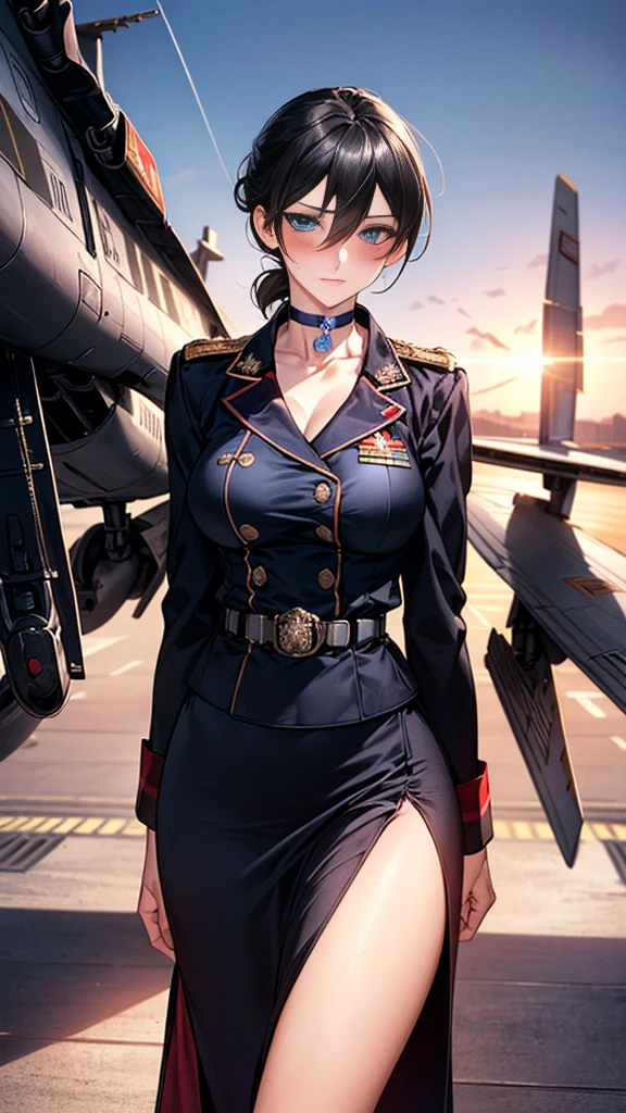 (masterpiece:1.2, highest quality), (realistic, photorealistic:1.4), beautiful illustrations,
looking at the viewer, whole body, Front view:0.6,
1 female, Japanese, ((black hair:1.5, chignon:1.4)), blown hair, bangs, hair between eyes, (big breasts, thin waist)
beautiful hair, beautiful face, beautiful and detailed eyes, (blue eyes:1.3), beautiful clavicle, beautiful body, beautiful breasts, beautiful thighs, beautiful feet, beautiful fingers,
(Deck of an aircraft carrier:1.4),
((Juncao, white military uniform:1.4, Class Chapters, belt, military uniform jacket, Long slit skirt, choker:1.6)), ((NFSW:1.6))
(Are standing, put your hand on your chest, hand between legs):1.4,
(glare at the viewer while blushing:1.3)