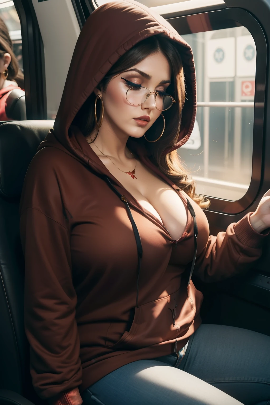 Lucy Pinder, ((Very intense makeup)), voluptuous woman, (Adele), cleavage, face portrait, long hair, brown hair, red t-shirt, ((black hooded sweatshirt)), glasses, blue jeans, hoop earrings, eyes closed, mouth wide open, sitting on the train, sleeping
