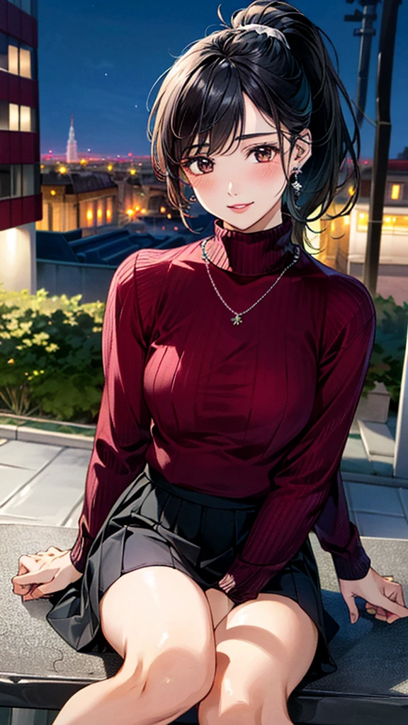 (masterpiece:1.3, Highest quality, Ultra-high resolution, Super detailed), (Realistic, photoRealistic:1.4), Beautiful illustrations, Perfect lighting, colorful, Depth of written boundary,
Beautiful detailed hair, Beautifully detailed face, Beautiful fine details, Beautiful clavicle, Beautiful body, 美しいLarge Breasts, Beautiful thighs, Beautiful feet, Beautiful fingers,
View Viewer、Front view:0.6, Beauty1人, Japanese, Beauty、30 years old, Perfect Face, (Perfect Anatomy, Anatomically correct), Cute and symmetrical face, Baby Face, , Shiny skin,
((Bordeaux turtleneck cable sweater:1.4)),((Long skirt 1.5))
(Black Hair, ponytail:1.4), braided bangs、Dark brown eyes, (Large Breasts), Slim body,
necklace, (Small earrings:1.3),
(Beautiful views), (night), (city, cityscape in the distance), Sitting on a bench, A soft smile、(Smile, Lips parted),