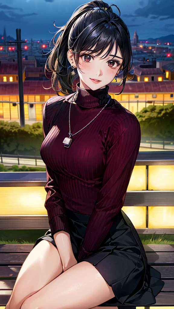 (masterpiece:1.3, Highest quality, Ultra-high resolution, Super detailed), (Realistic, photoRealistic:1.4), Beautiful illustrations, Perfect lighting, colorful, Depth of written boundary,
Beautiful detailed hair, Beautifully detailed face, Beautiful fine details, Beautiful clavicle, Beautiful body, 美しいLarge Breasts, Beautiful thighs, Beautiful feet, Beautiful fingers,
View Viewer、Front view:0.6, Beauty1人, Japanese, Beauty、30 years old, Perfect Face, (Perfect Anatomy, Anatomically correct), Cute and symmetrical face, Baby Face, , Shiny skin,
((Bordeaux turtleneck cable sweater:1.4)),((Long skirt 1.5))
(Black Hair, ponytail:1.4), braided bangs、Dark brown eyes, (Large Breasts), Slim body,
necklace, (Small earrings:1.3),
(Beautiful views), (night), (city, cityscape in the distance), Sitting on a bench, A soft smile、(Smile, Lips parted),