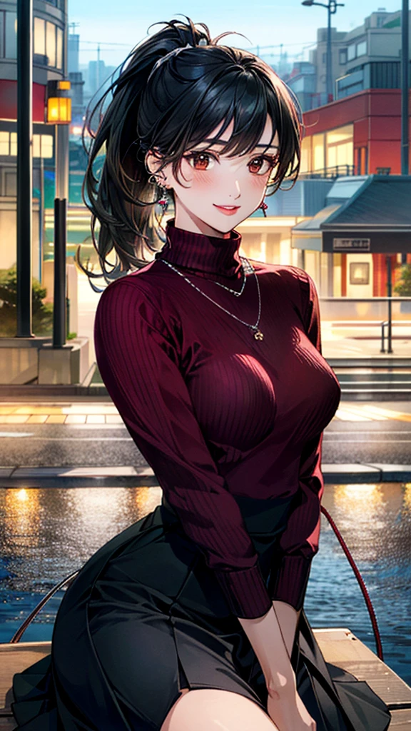 (masterpiece:1.3, Highest quality, Ultra-high resolution, Super detailed), (Realistic, photoRealistic:1.4), Beautiful illustrations, Perfect lighting, colorful, Depth of written boundary,
Beautiful detailed hair, Beautifully detailed face, Beautiful fine details, Beautiful clavicle, Beautiful body, 美しいLarge Breasts, Beautiful thighs, Beautiful feet, Beautiful fingers,
View Viewer、Front view:0.6, Beauty1人, Japanese, Beauty、30 years old, Perfect Face, (Perfect Anatomy, Anatomically correct), Cute and symmetrical face, Baby Face, , Shiny skin,
((Bordeaux turtleneck cable sweater:1.4)),((Long skirt 1.5))
(Black Hair, ponytail:1.4), braided bangs、Dark brown eyes, (Large Breasts), Slim body,
necklace, (Small earrings:1.3),
(Beautiful views), (night), (city, cityscape in the distance), Sitting on a bench, A soft smile、(Smile, Lips parted),