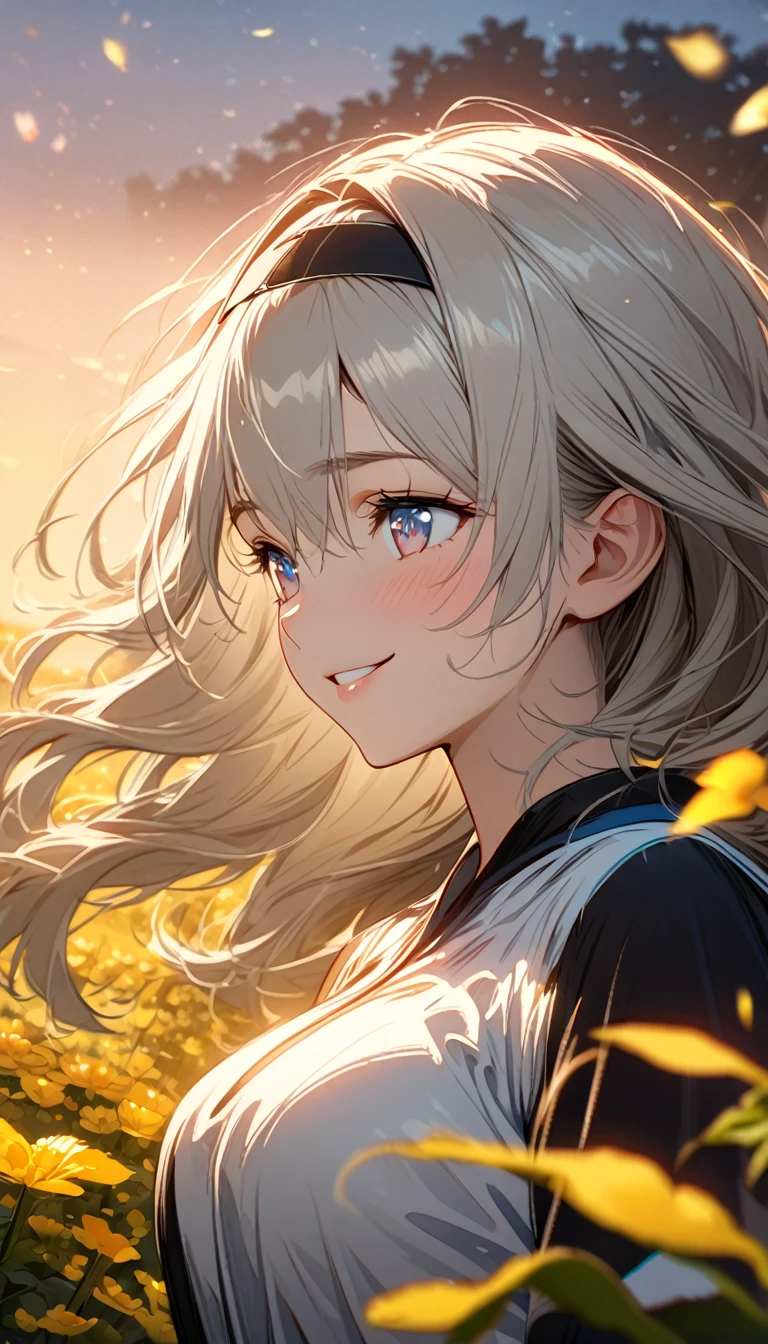 beautiful girl, long grey hair, beautiful face,smiling,close up to hips, beautiful breast, in the middle of flowers field, wearing two tones clothes, (open mouth:0.4),illustration,detailed textures(realists),ultra-detailed,portrait style,vivid colors,soft lighting, blushing, mature, hair fluttering, evening light , head band, side profile 