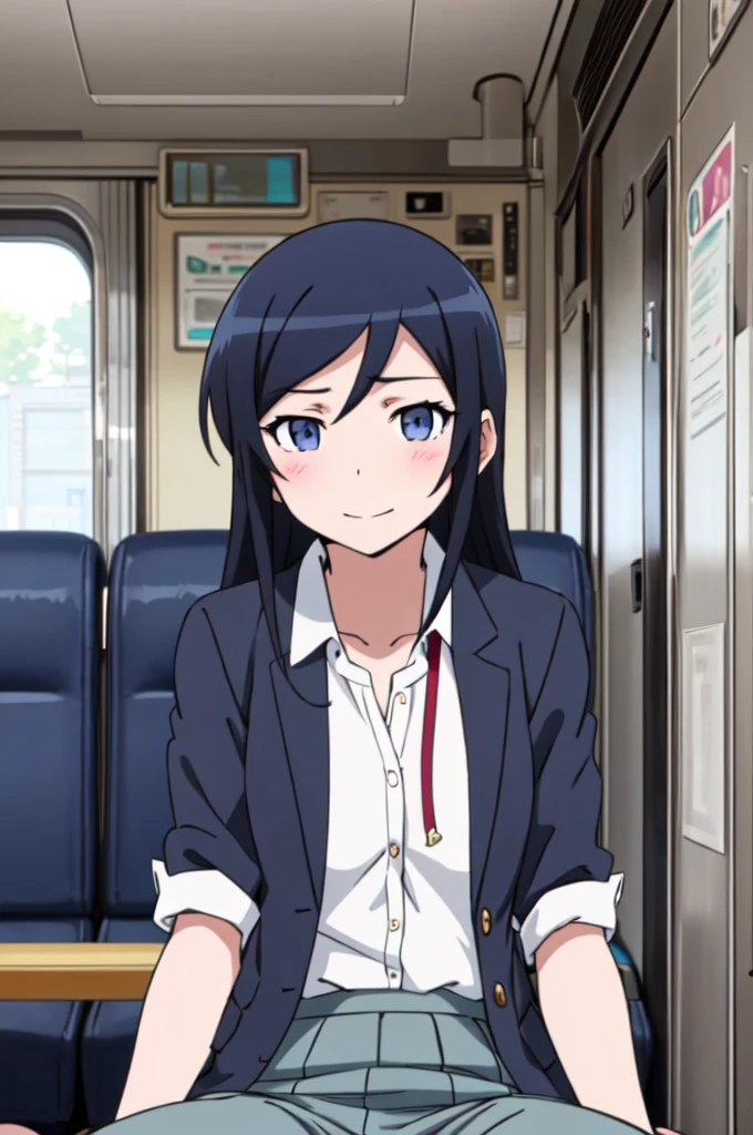 alone, One Girl, Show Viewer, 2D, anime, anime coloring, Upper Body,  sit in a train seat, (Bend your knees, Panty shot), Camel Toe, ayase aragaki, , Seraph, smile，Spread your legs， (((Skirt flip, I can see your pants)))，，(((Skirt flip, I can see your pants)))， Pussy juice, Pussy juice， 