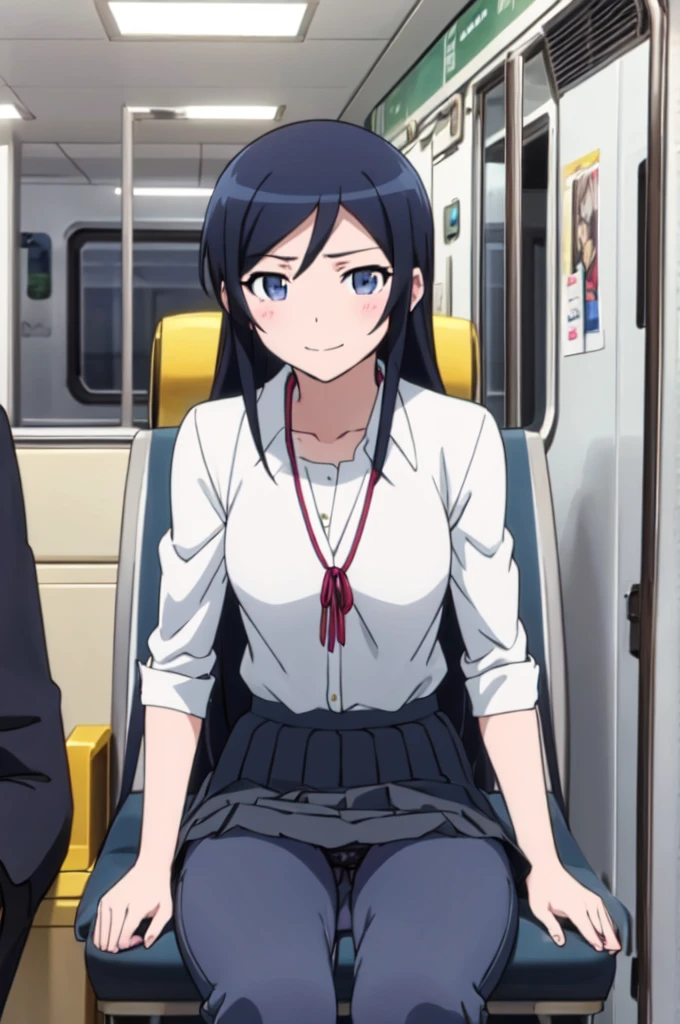 alone, One Girl, Show Viewer, 2D, anime, anime coloring, Upper Body,  sit in a train seat, (Bend your knees, Panty shot), Camel Toe, ayase aragaki, , Seraph, smile，Spread your legs， (((Skirt flip, I can see your pants)))，，(((Skirt flip, I can see your pants)))， Pussy juice, Pussy juice， 