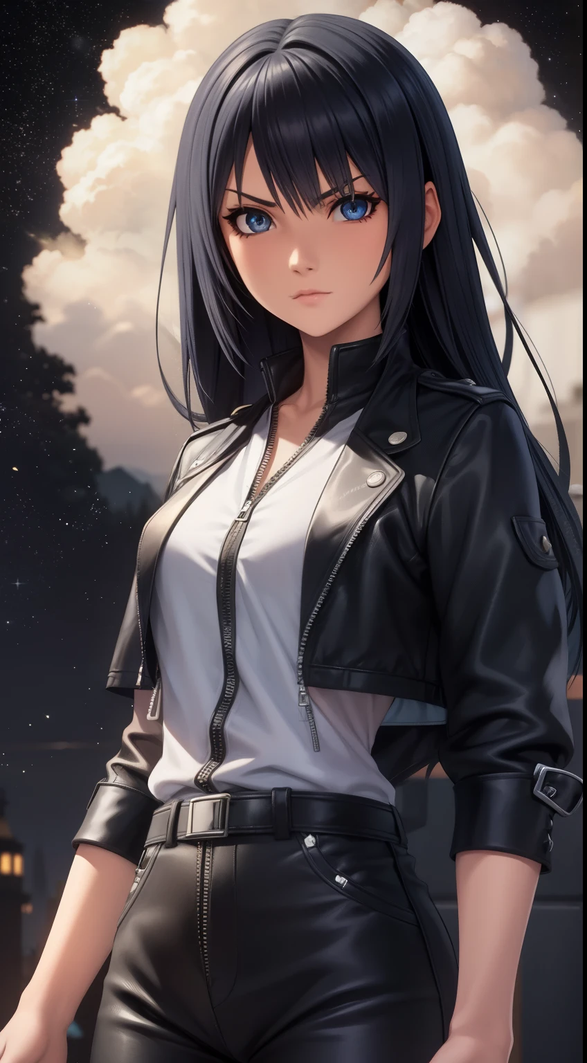 (high-quality, breathtaking),(expressive eyes, perfect face) Symmetrical Eyes, portrait, nomura tetsuya, nomura tetsuya art style, Kingdom Hearts, 1girl, female, black hair color, dark blue eye colors, hair between eyes, long hair length, neutral expression, feminine face black long sleeved jacket, open jacket, white shirt, black pants, facing towards viewer, black background, official art, starry night, kingdom hearts outfit
