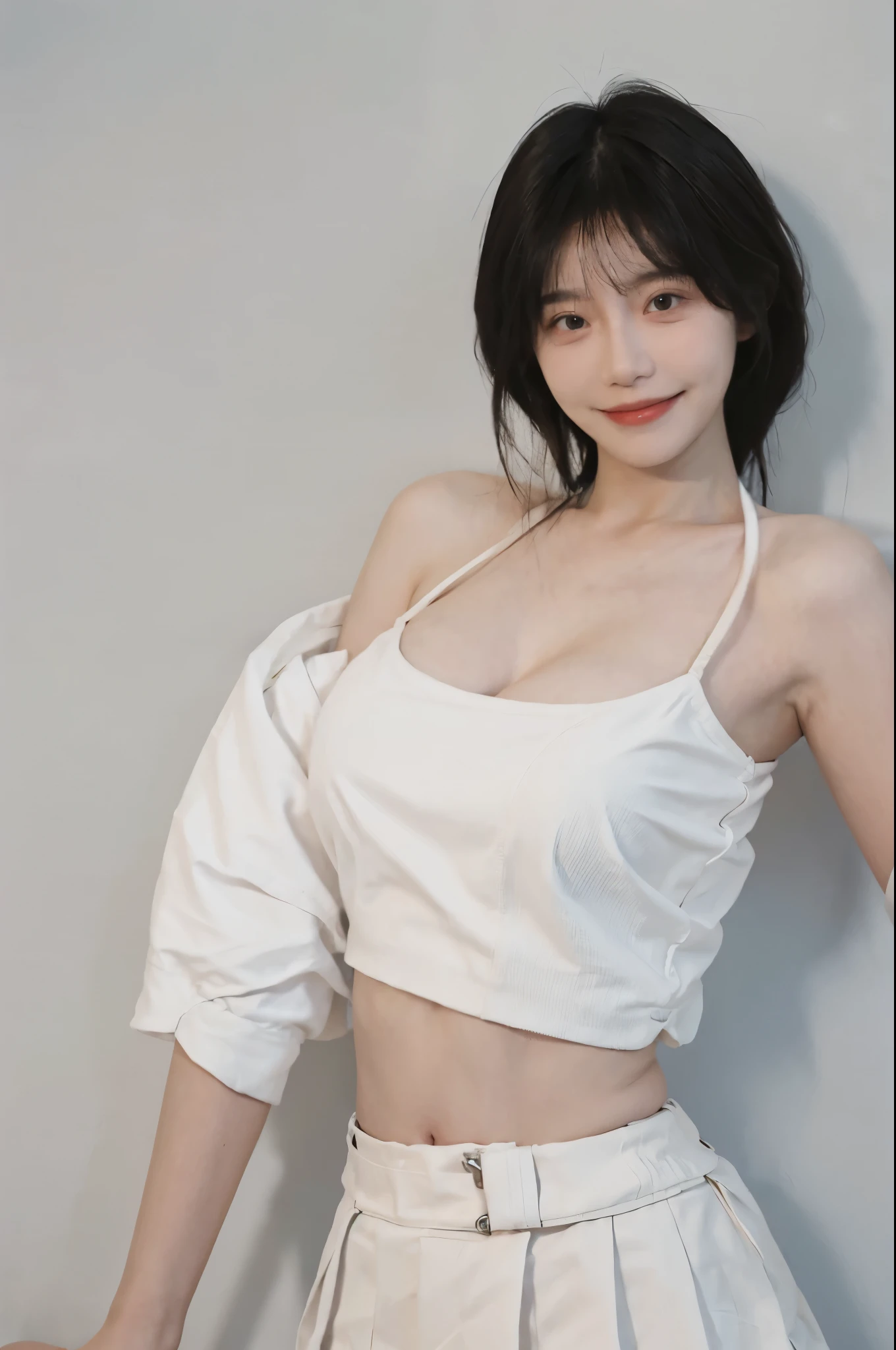 Beautiful woman with perfect figure:1.4,Ultra-high resolution,Blink,White background,(lifelike:1.4),Layered Hairstyle,Big breasts,Prominent cleavage,Lovely smile,White skin,Bikini:1.5,Super short pleated skirt,whole body,Very delicate face and skin texture,Double eyelids,Skin Whitening,short hair,White hair