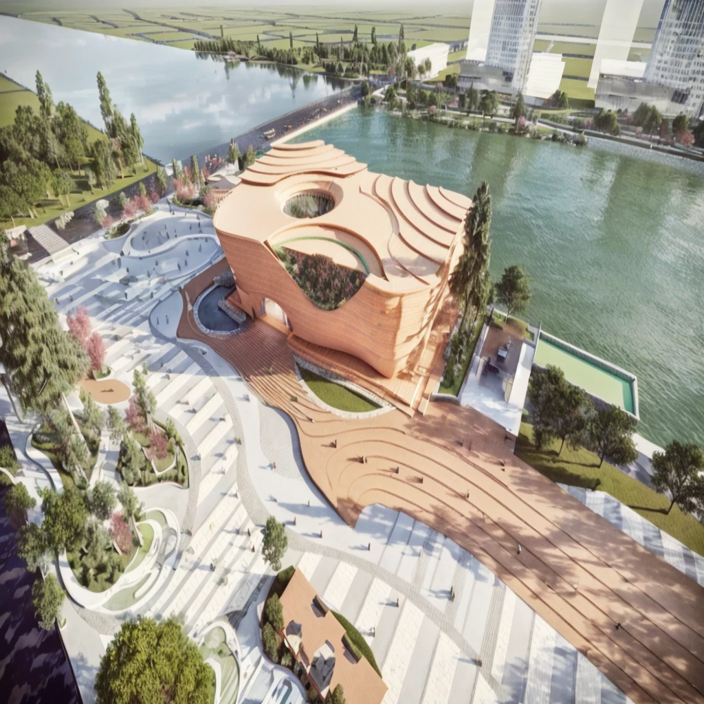 Rendering of a building with a circular roof，A river in the background, Photos from 2022, by Zha Shibiao, Wide Angle Exterior 2022, Architectural Rendering, The above points, Award-winning rendering, Digital Rendering, Architectural Rendering, inspired by Zha Shibiao, Artistic Impression, Artistic Interpretation, Artistic Rendering, Watch from above