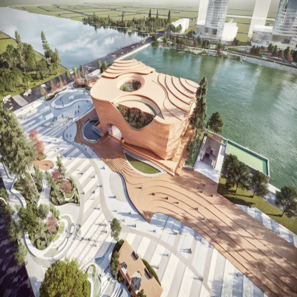 Rendering of a building with a circular roof,A river in the background, Photos from 2022, by Zha Shibiao, Wide Angle Exterior 2022, Architectural Rendering, The above points, Award-winning rendering, Digital Rendering, Architectural Rendering, inspired by Zha Shibiao, Artistic Impression, Artistic Interpretation, Artistic Rendering, Watch from above