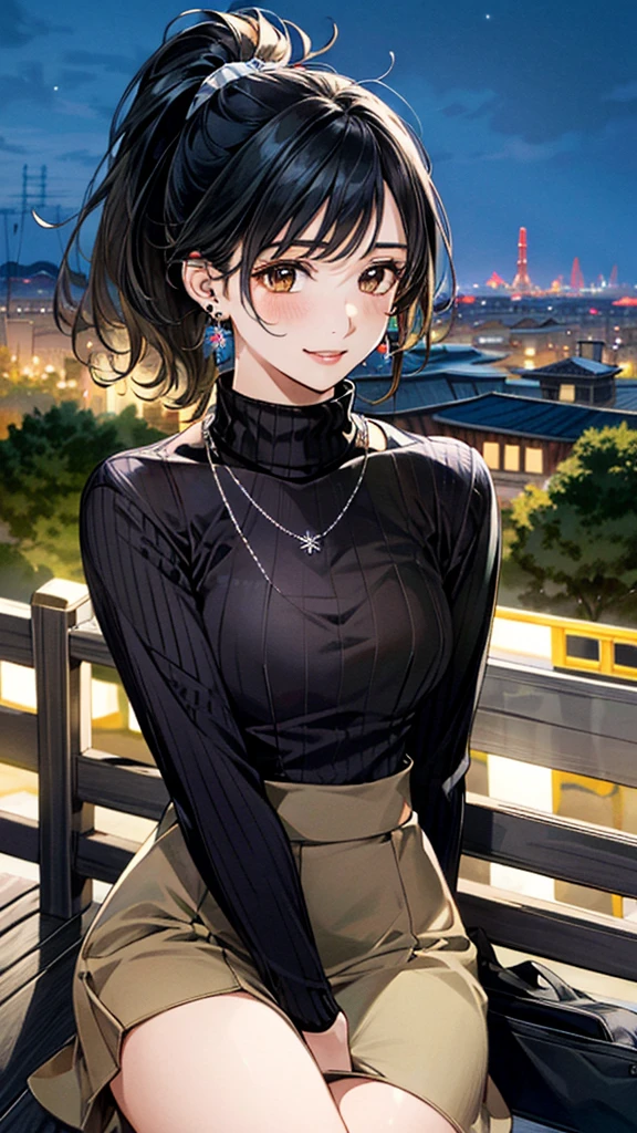 (masterpiece:1.3, Highest quality, Ultra-high resolution, Super detailed), (Realistic, photoRealistic:1.4), Beautiful illustrations, Perfect lighting, colorful, Depth of written boundary,
Beautiful detailed hair, Beautifully detailed face, Beautiful fine details, Beautiful clavicle, Beautiful body, 美しいLarge Breasts, Beautiful thighs, Beautiful feet, Beautiful fingers,
View Viewer、Front view:0.6, Beauty1人, Japanese, Beauty、30 years old, Perfect Face, (Perfect Anatomy, Anatomically correct), Cute and symmetrical face, Baby Face, , Shiny skin,
((khaki turtleneck sweater:1.4)),((Long skirt 1.5))
(Black Hair, ponytail:1.4), braided bangs、Dark brown eyes, (Large Breasts), Slim body,
necklace, (Small earrings:1.3),
(Beautiful views), (night), (city, cityscape in the distance), Sitting on a bench, A soft smile、(Smile, Lips parted),