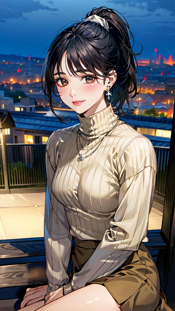 (masterpiece:1.3, Highest quality, Ultra-high resolution, Super detailed), (Realistic, photoRealistic:1.4), Beautiful illustrations, Perfect lighting, colorful, Depth of written boundary, 
Beautiful detailed hair, Beautifully detailed face, Beautiful fine details, Beautiful clavicle, Beautiful body, 美しいLarge Breasts, Beautiful thighs, Beautiful feet, Beautiful fingers, 
View Viewer、Front view:0.6, Beauty1人, Japanese, Beauty、30 years old, Perfect Face, (Perfect Anatomy, Anatomically correct), Cute and symmetrical face, Baby Face, , Shiny skin, 
((khaki turtleneck sweater:1.4)),((Long skirt 1.5))
(Black Hair, ponytail:1.4),  braided bangs、Dark brown eyes, (Large Breasts), Slim body, 
necklace, (Small earrings:1.3), 
(Beautiful views), (night), (city, cityscape in the distance), Sitting on a bench, A soft smile、(Smile, Lips parted), 