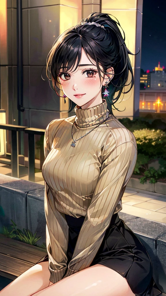 (masterpiece:1.3, Highest quality, Ultra-high resolution, Super detailed), (Realistic, photoRealistic:1.4), Beautiful illustrations, Perfect lighting, colorful, Depth of written boundary, 
Beautiful detailed hair, Beautifully detailed face, Beautiful fine details, Beautiful clavicle, Beautiful body, 美しいLarge Breasts, Beautiful thighs, Beautiful feet, Beautiful fingers, 
View Viewer、Front view:0.6, Beauty1人, Japanese, Beauty、30 years old, Perfect Face, (Perfect ???????, Anatomically correct), Cute and symmetrical face, Baby Face, , Shiny skin, 
((khaki turtleneck sweater:1.4)),((Long skirt 1.5))
(Black Hair, ponytail:1.4),  braided bangs、Dark brown eyes, (Large Breasts), Slim body, 
necklace, (Small earrings:1.3), 
(Beautiful views), (night), (city, cityscape in the distance), Sitting on a bench, A soft smile、(Smile, Lips parted), 