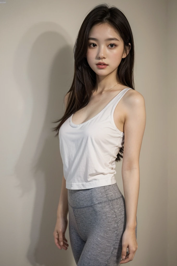 ((Highest quality)), ((masterpiece)), (detailed), Perfect face masutepiece, Best Quality, Illustration, Ultra-detailed, finely detail, hight resolution, 8K Wallpaper, Perfect dynamic composition, Beautiful detailed eyes,Medium Hair,Small breasts 、natural color lip, Bold sexy poses,20 years girl、Cute、Sexy shot looking at camera、wide angle、full BODY、taking off clothes、beach、tank top、leggings、White yoga wear, standing,covering with hands