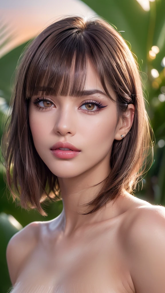 Draw a picture, (photorealistic:1.4), (hyperrealistic:1.4), (realistic:1.3), (smoother ((tropical sunset)) lighting:1.05), (increase Fujicolor quality:0.9), (absurd: 1.3), (best quality), (ultra sharp), RAW photo of (phenomenal model, 24 years old), (ultra detailed, ultra realistic, hyper realistic, 8K, ultra highres:1.2), realistic lighting, backlighting, light on face, ray trace, (brightening light:1.2), (Increase quality:1.4), (best quality real texture skin:1.4), finely detailed eyes, finely detailed face, finely quality eyes, (Brown) [sparkling eyes], [long eyelashes], Double eyelids, (looking at viewer), slim, well-muscled body, medium ass, very detailed hair, (( (light) brown short ((side bangs)), extremely detailed)), (Increase skin texture beauty:1.1), (light makeup, [pink lipstick], eyeliner:1.2)