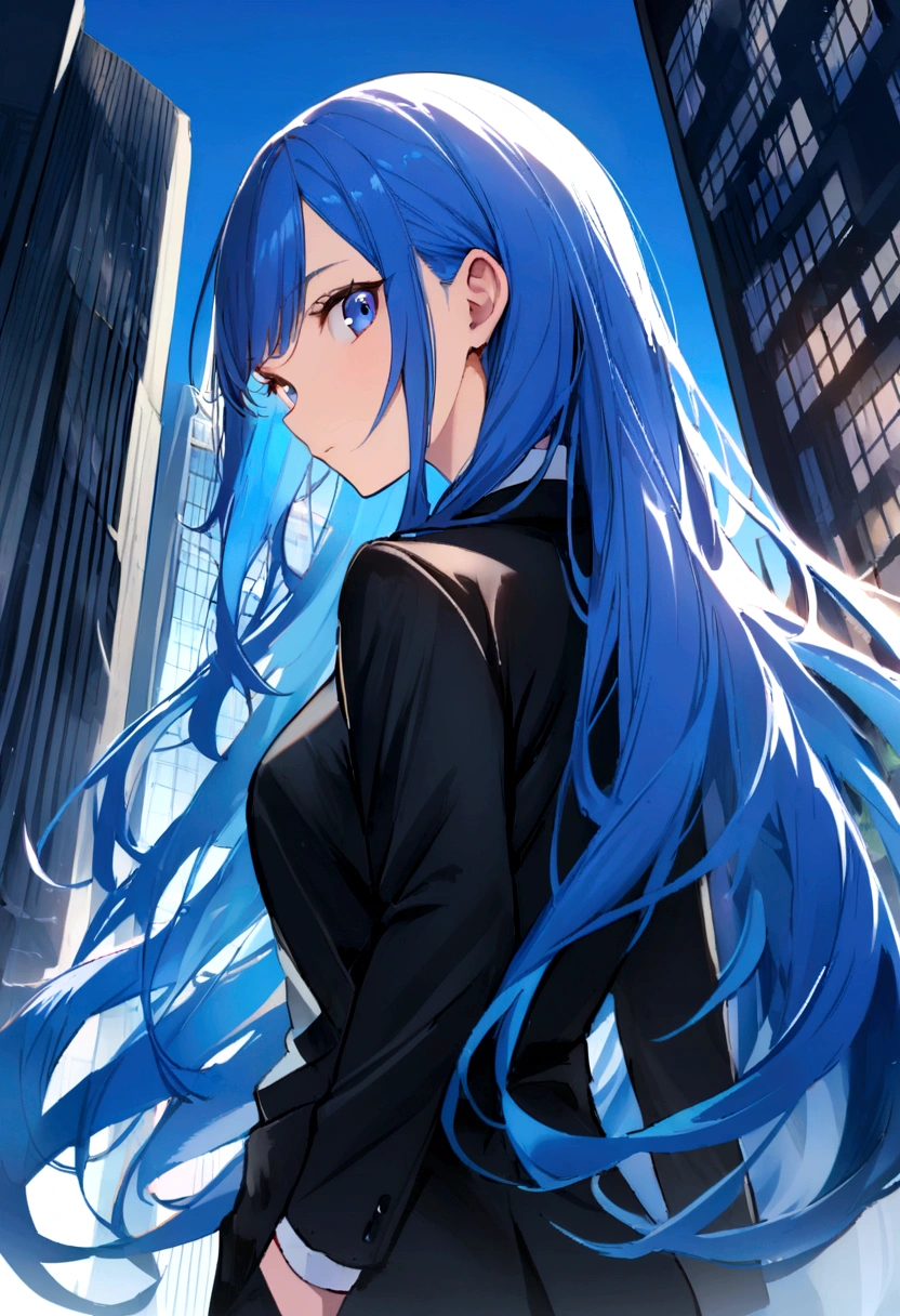 (Highest quality)(1 woman,single,long hair,blue hair,blue eyes,fit ,Black suit shirt,Turn to look at the viewer,Background on tall buildings, morning sky) look back