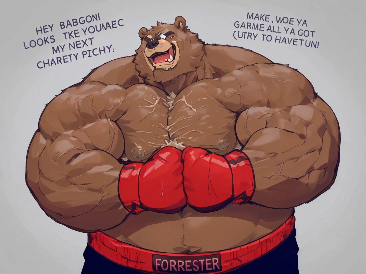 a huge muscular kodiak brown bear, extremely detailed brown fur, powerful pecs, beer belly, veins popping,red boxing gloves, black boxing pants with red line, flexing for boxing victory, masterpiece, 8k, ultra-detailed,realistic,photo-realistic,physically-based rendering,vivid colors