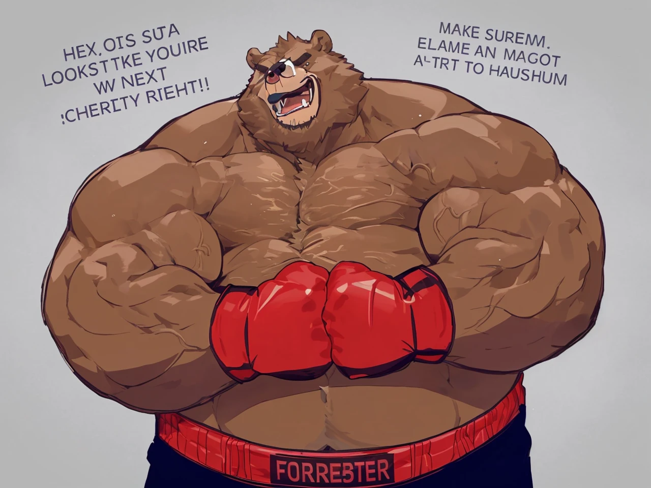 a huge muscular kodiak brown bear, extremely detailed brown fur, powerful pecs, beer belly, veins popping,red boxing gloves, black boxing pants with red line, flexing for boxing victory, masterpiece, 8k, ultra-detailed,realistic,photo-realistic,physically-based rendering,vivid colors