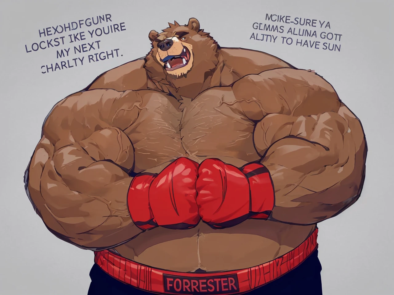 a huge muscular kodiak brown bear, extremely detailed brown fur, powerful pecs, beer belly, veins popping,red boxing gloves, black boxing pants with red line, flexing for boxing victory, masterpiece, 8k, ultra-detailed,realistic,photo-realistic,physically-based rendering,vivid colors