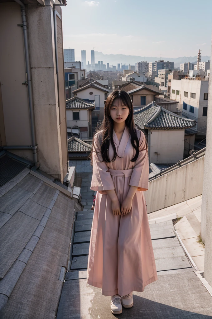 Arafi woman standing on the roof overlooking the city, Ulzan, Korean Girl, Portrait of a Japanese ager, Wearing long, flowing clothes, 🤤 Girl Portrait, Chiho, Yoshitomo Nara, Portrait of Blackpink member Jossi, Young Asian Girl, 8K matte, Electronic Girl, Electronic Girl