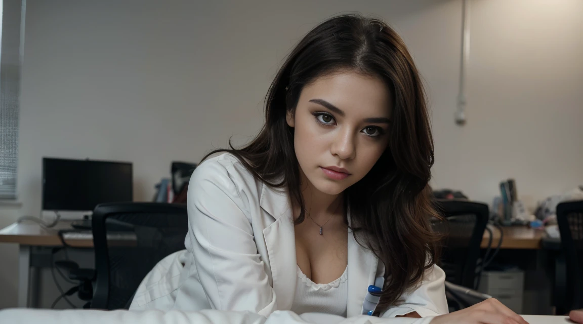 Beautiful female doctor in white coat, stethoscope around neck, full body, hospital examination white room, sitting cross-legged on office chair, thighs peeking out from white coat, black stockings, computer and keyboard on desk, (Excellent photograph, Best picture quality, High resolution: 1. 4), detail, extreme color, (Beautiful face) Ambient Soft Lighting, 4K, Bokeh, Background Blur, Depth of Field, Bokeh, Free Viewpoint, Photography, Attractive Young Woman, (Beautiful Face: 1.1), Narrow Eyes, Luscious Lips, (Smoky Eye Makeup: 0.85), (Moody Lighting: 1.2), Depth of Field, Bokeh, 4K, HDR.