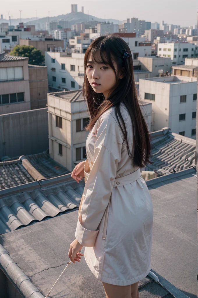 Arafi woman standing on the roof overlooking the city, Ulzan, Korean Girl, Portrait of a Japanese Teenager, Wearing long, flowing clothes, 🤤 Girl Portrait, Chiho, Yoshitomo Nara, Portrait of Blackpink member Jossi, Young Asian Girl, 8K matte, Electronic Girl, Electronic Girl
