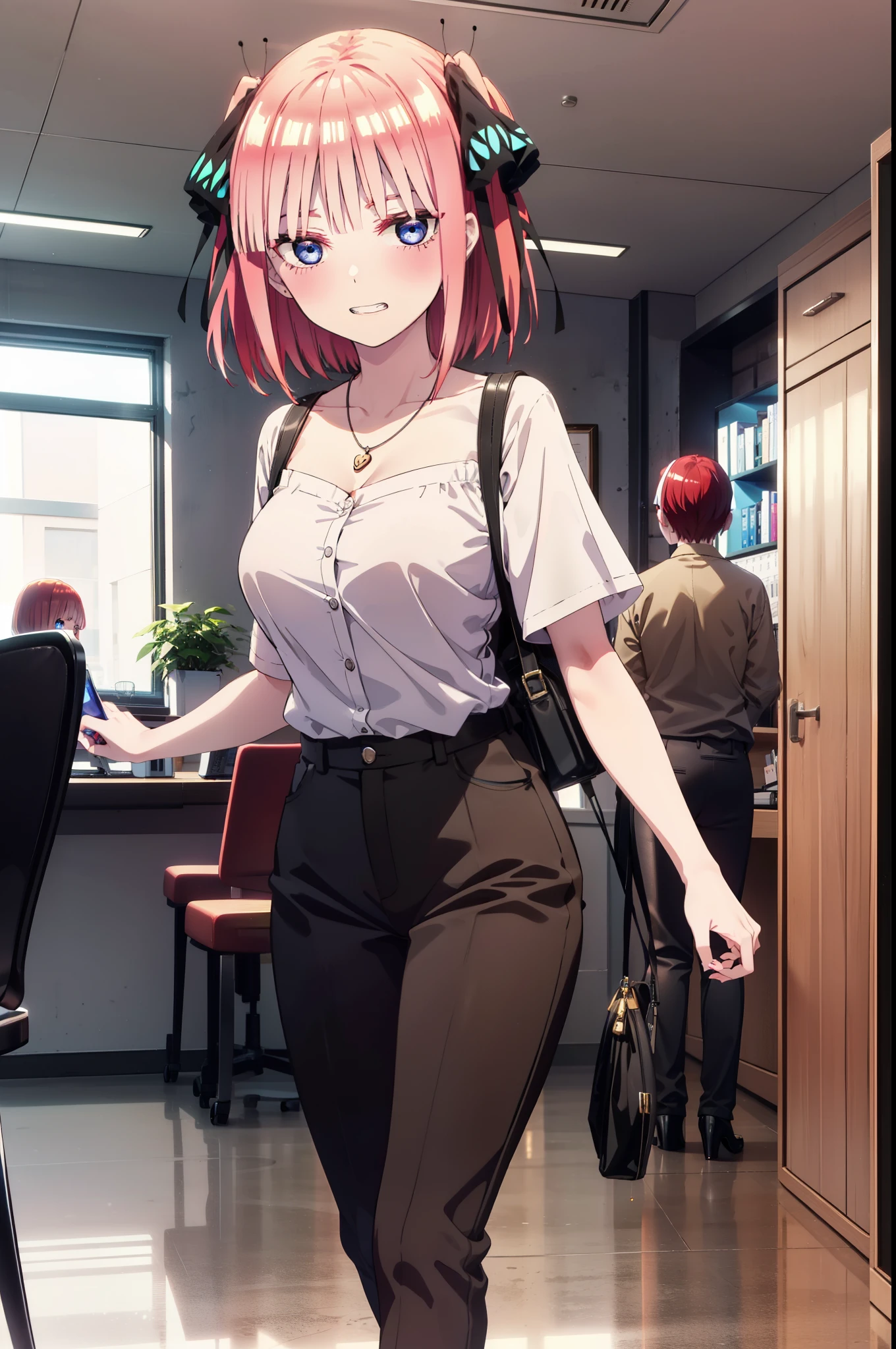 I was silent, Nakano Nino, Short Hair, bangs, blue eyes, hair ornaments, Hair Ribbon, Pink Hair, blunt bangs, Both sides up, Big Breasts,butterfly hair ornaments,Grin,White Y-shirt,Short sleeve,Heart Necklace,slacks,Stiletto heels,Walking,There is a computer on the table,whole bodyがイラストに入るように,Daytime,Clear skies,
break indoors, office,
break looking at viewer,whole body,
break (masterpiece:1.2), Highest quality, High resolution, unity 8k wallpaper, (figure:0.8), (Beautiful attention to detail:1.6), Highly detailed face, Perfect lighting, Highly detailed CG, (Perfect hands, Perfect Anatomy),