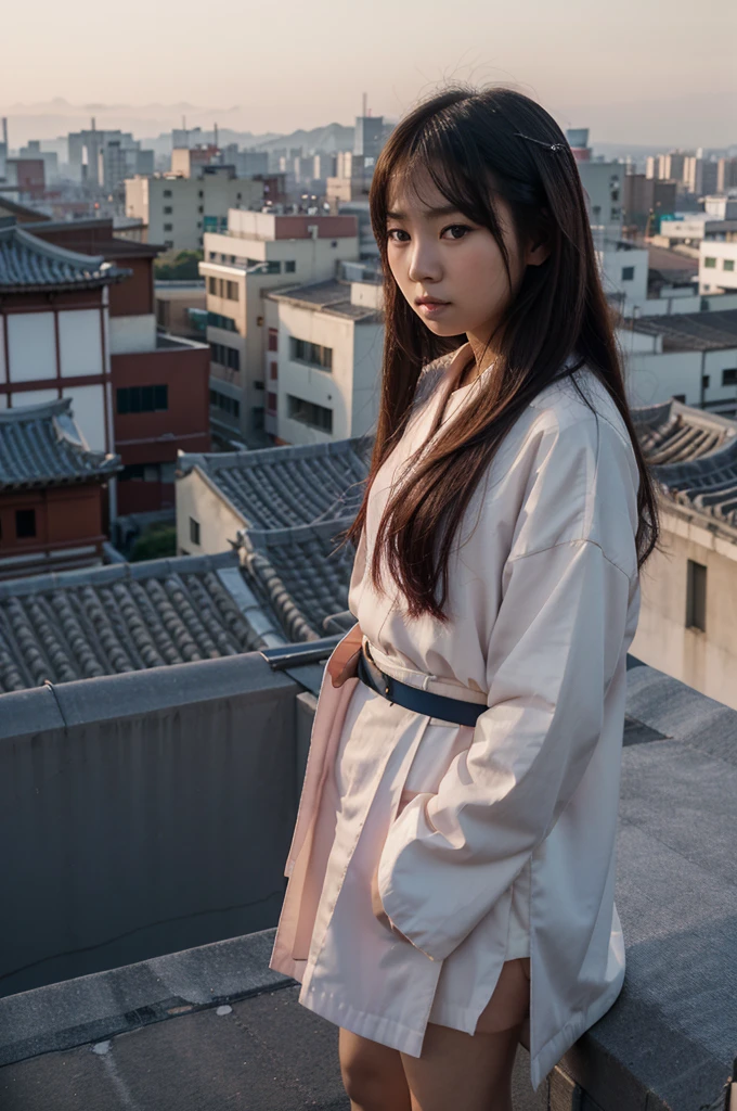 Arafi woman standing on the roof overlooking the city, Ulzan, Korean Girl, Portrait of a Japanese Teenager, Wearing long, flowing clothes, 🤤 Girl Portrait, Chiho, Yoshitomo Nara, Portrait of Blackpink member Jossi, Young Asian Girl, 8K matte, Electronic Girl, Electronic Girl