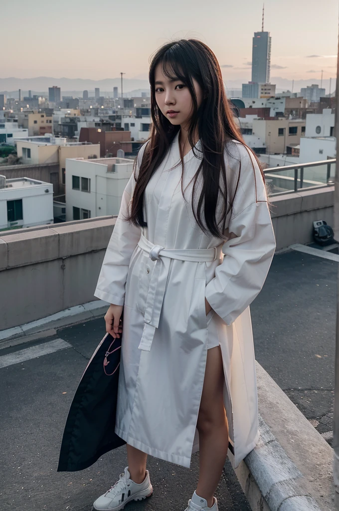 Arafi woman standing on the roof overlooking the city, Ulzan, Korean Girl, Portrait of a Japanese ager, Wearing long, flowing clothes, 🤤 Girl Portrait, Chiho, Yoshitomo Nara, Portrait of Blackpink member Jossi, Young Asian Girl, 8K matte, Electronic Girl, Electronic Girl