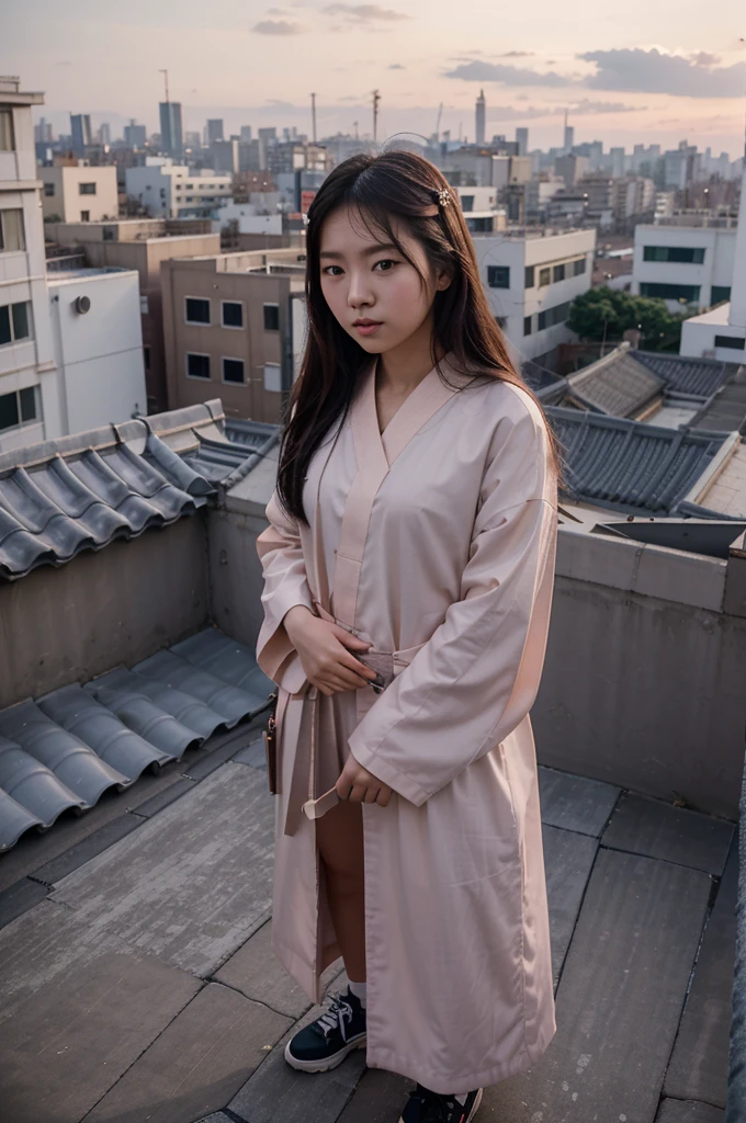 Arafi woman standing on the roof overlooking the city, Ulzan, Korean Girl, Portrait of a Japanese Teenager, Wearing long, flowing clothes, 🤤 Girl Portrait, Chiho, Yoshitomo Nara, Portrait of Blackpink member Jossi, Young Asian Girl, 8K matte, Electronic Girl, Electronic Girl