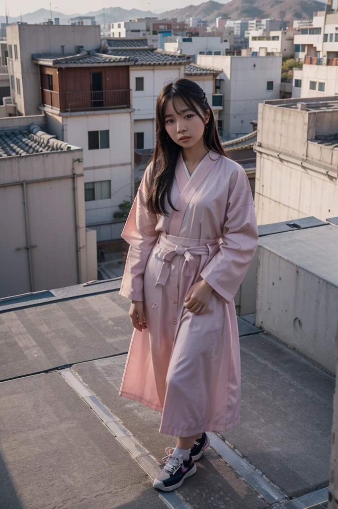 Arafi woman standing on the roof overlooking the city, Ulzan, Korean Girl, Portrait of a Japanese Teenager, Wearing long, flowing clothes, 🤤 Girl Portrait, Chiho, Yoshitomo Nara, Portrait of Blackpink member Jossi, Young Asian Girl, 8K matte, Electronic Girl, Electronic Girl