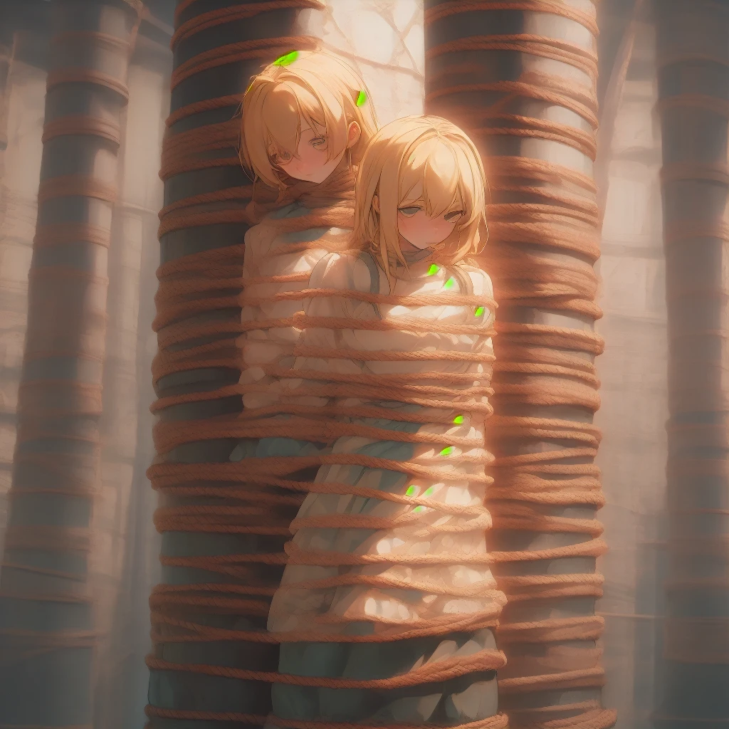 shoulder length blonde hair, green eyes, hime cut, ropes, ried up, arms behind back, wrists tied, bound, wearing frilly light blue ta dress
BREAK
shibari,bdsm,(((shibari over clothes,rope,bound,restrained,against pillar))),pillar,