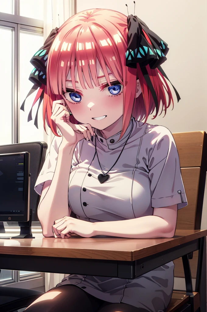 I was silent, Nakano Nino, Short Hair, bangs, blue eyes, hair ornaments, Hair Ribbon, Pink Hair, blunt bangs, Both sides up, Big Breasts,butterfly hair ornaments,Grin,White Y-shirt,Short sleeve,Heart Necklace,slacks,Stiletto heels,Walking,There is a computer on the table,whole bodyがイラストに入るように,Daytime,Clear skies,
break indoors, office,
break looking at viewer,whole body,
break (masterpiece:1.2), Highest quality, High resolution, unity 8k wallpaper, (figure:0.8), (Beautiful attention to detail:1.6), Highly detailed face, Perfect lighting, Highly detailed CG, (Perfect hands, Perfect Anatomy),