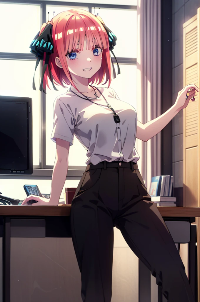 I was silent, Nakano Nino, Short Hair, bangs, blue eyes, hair ornaments, Hair Ribbon, Pink Hair, blunt bangs, Both sides up, ,butterfly hornaments,Grin,White Y-shirt,Short sleeve,Heart Necklace,slacks,Stiletto heels,Walking,There is a computer on the table,whole bodyがイラストに入るように,Daytime,Clear skies,
break indoors, office,
break looking at viewer,whole body,
break (masterpiece:1.2), Highest quality, High resolution, unity 8k wallpaper, (figure:0.8), (Beautiful attention to detail:1.6), Highly detailed face, Perfect lighting, Highly detailed CG, (Perfect hands, Perfect Anatomy),