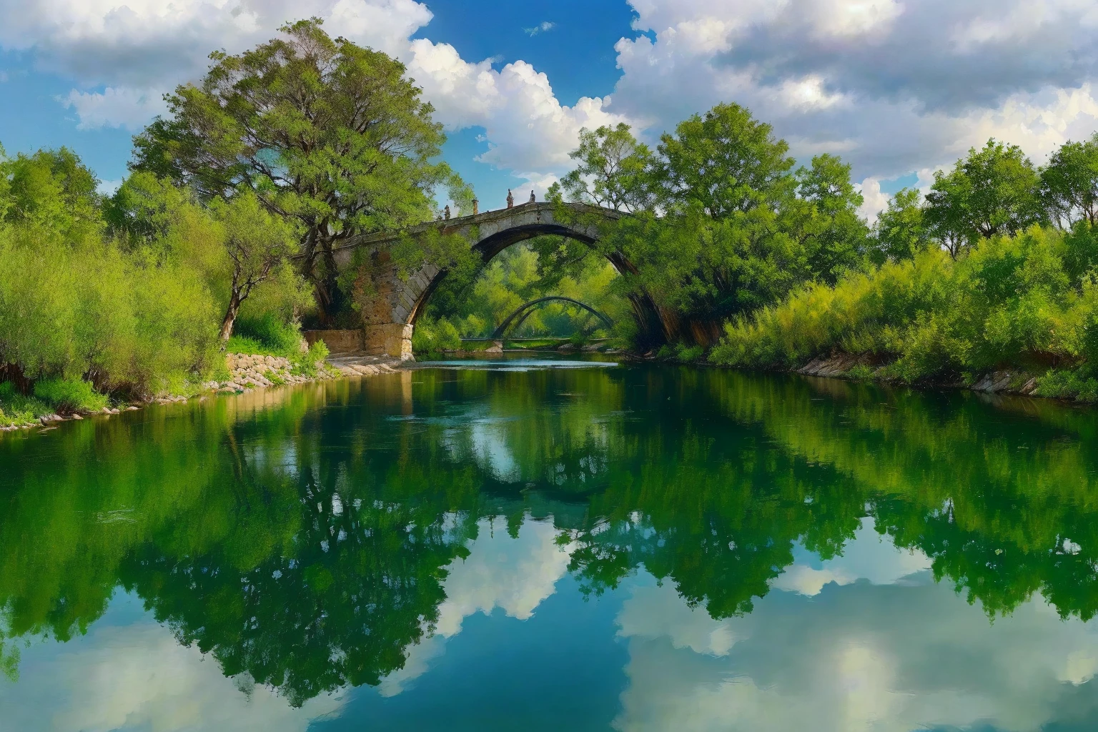 there is a river with a bridge and trees in the background, river with stunning water, reflections on the river, stone bridge, vine bridge silhouette over lake, bridge over the water, old bridge, tied bridge on local river, river with low hanging plants, green grasse trees and river, trip, Reflections in water, Incredibly beautiful, river, bridge