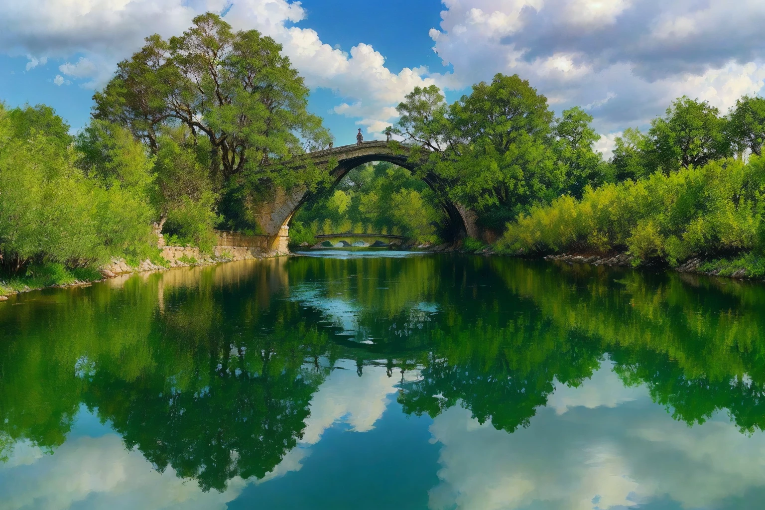 there is a river with a bridge and trees in the background, river with stunning water, reflections on the river, stone bridge, vine bridge silhouette over lake, bridge over the water, old bridge, tied bridge on local river, river with low hanging plants, green grasse trees and river, trip, Reflections in water, Incredibly beautiful, river, bridge