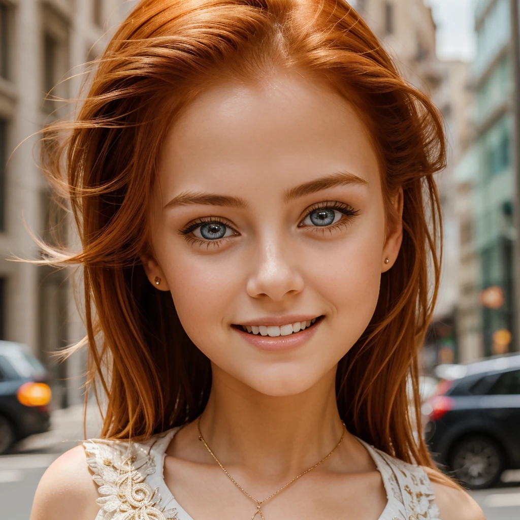 1 girl, smile, American blonde, ultimate beauty potrait, bright expression, red haired, big eyes that shine like jewels, open cloths, standing position, from below, intricate details, realistic, 8kuhd, high resolution, highly detailed face and body, street background