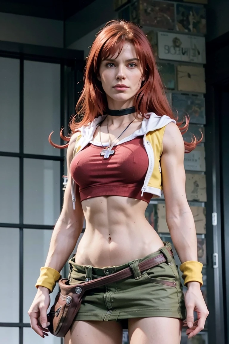 redhaired girl as a superheroine, straight redhaired, bangs, skirt,  super powerful, pink eyes, midriff, riding boots, white socks, toned arms, toned abs, tall and sexy, powerful, superb face, perfect body, tall, happy, smug, large chest, choker collar, 20yo, toned abs, evil smirk